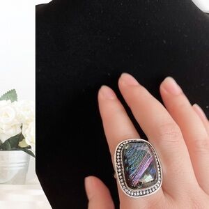 Dichroic Glass Sterling Silver 925 Ring Size 9 1/2 Cocktail Ring Circa 1970s